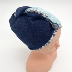 Serviette cheveu en éponge bleu et liseret coordonné- Pour enfant - Une création Les Bobines de Coco