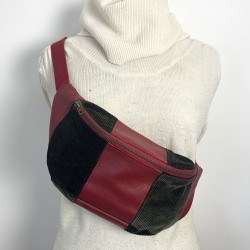 Sac banane Femme en velours côtelé noir et simili bordeaux - Fait main en France - modèle unique