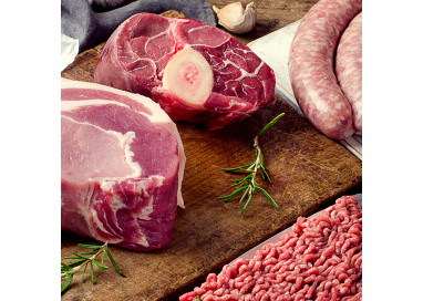 Colis de 5kg de viande de porc issue d'un élevage raisonné des Deux-Sèvres (79) - Saucisses, 1/2 jarret, lard (fumé ou nature)