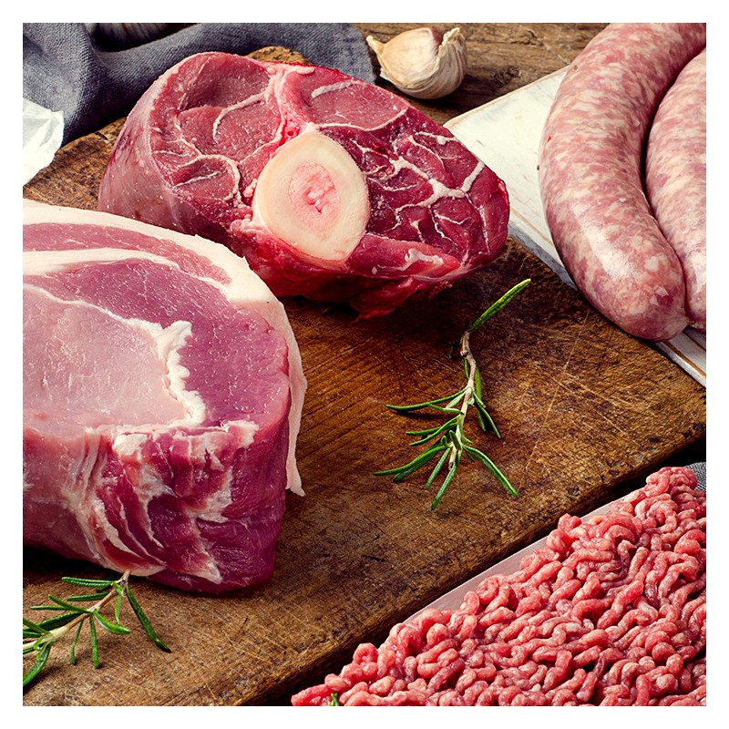 Colis de 5kg -  Composition du colis : Chipolatas nature, Côte de porc, Escalope, Lardons