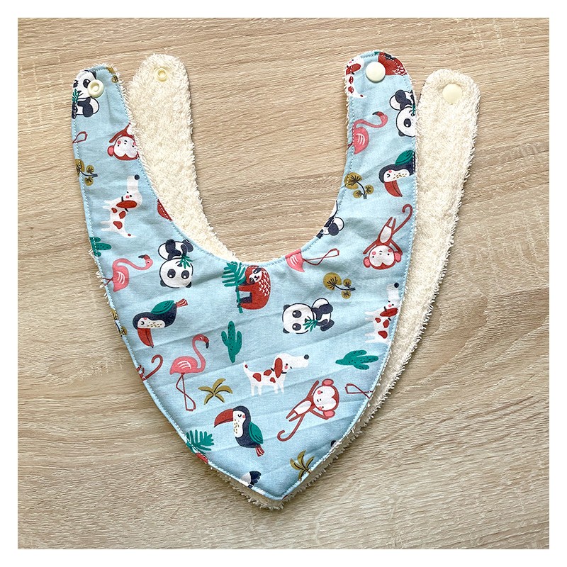 Cape sortie de bain en coton éponge imprimé panda et de 2 bavoirs coton imprimé panda - Fabrication artisanale en France