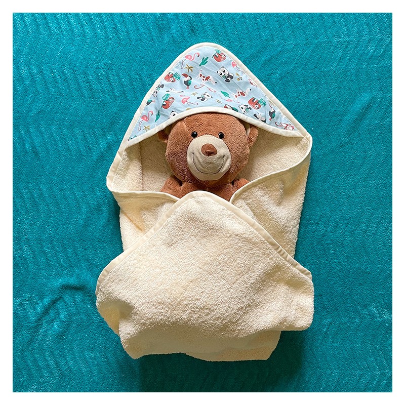 Cape sortie de bain en coton éponge imprimé panda et de 2 bavoirs coton imprimé panda - Fabrication artisanale en France