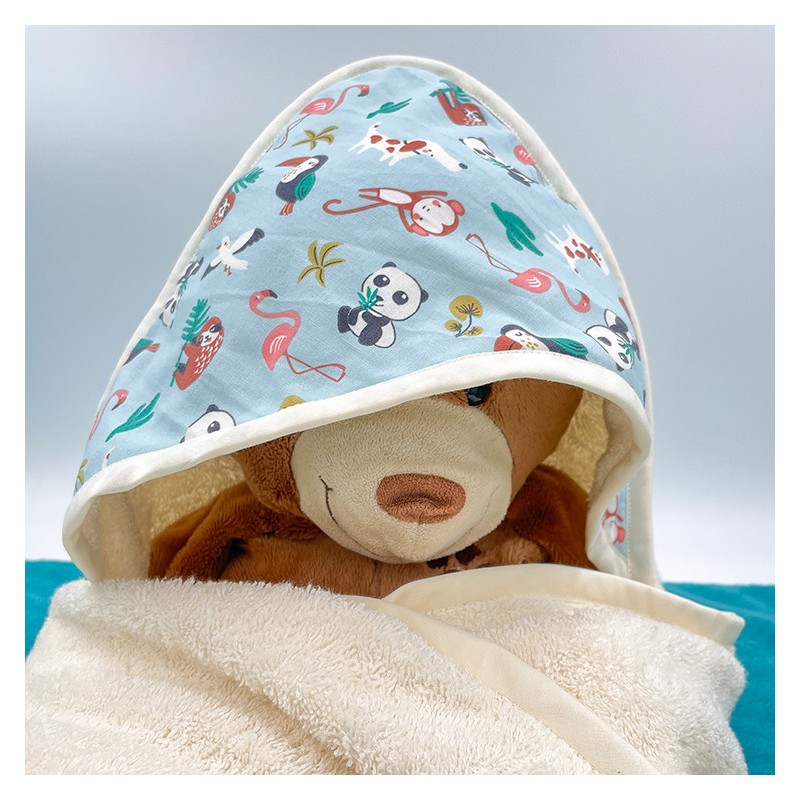Cape sortie de bain en coton éponge imprimé panda et de 2 bavoirs coton imprimé panda - Fabrication artisanale en France
