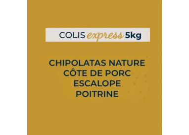 Colis de 5kg -  Composition du colis : Chipolatas nature, Côte de porc, Escalope, Lardons