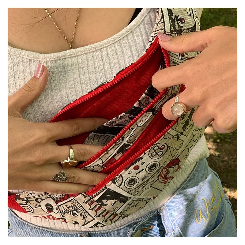 Sac banane Femme en coton imitation lin imprimé - Fait main en France - modèle unique