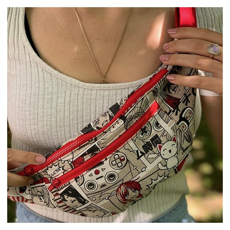 Sac banane Femme en coton imitation lin imprimé - Fait main en France - modèle unique