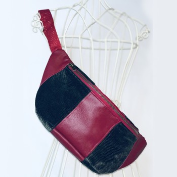 Sac banane Femme en velours cottelé noir et simili bordeaux - Fait main en France - modèle unique