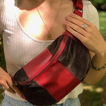 Sac banane Femme en velours cottelé noir et simili bordeaux - Fait main en France - modèle unique