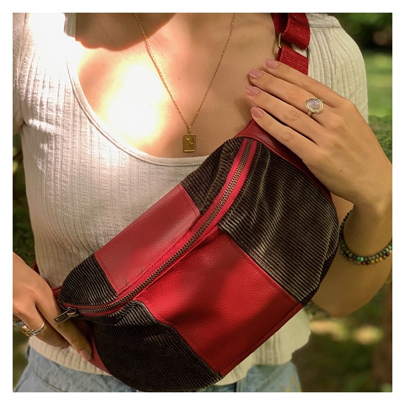 Sac banane Femme en velours cottelé noir et simili bordeaux - Fait main en France - modèle unique