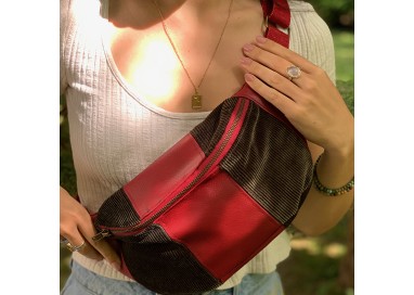 Sac banane Femme en velours cottelé noir et simili bordeaux - Fait main en France - modèle unique