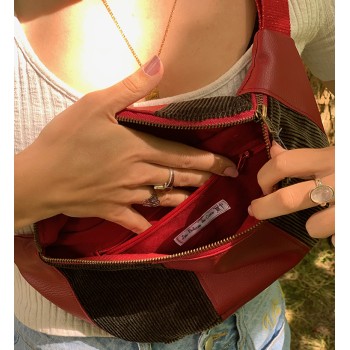 Sac banane Femme en velours cottelé noir et simili bordeaux - Fait main en France - modèle unique