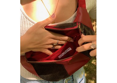 Sac banane Femme en velours cottelé noir et simili bordeaux - Fait main en France - modèle unique