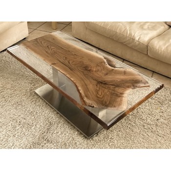 Table plateau en noyer massif epoxy  transparent pied acier chromé - Création artisanale en Rance- Modèle unique