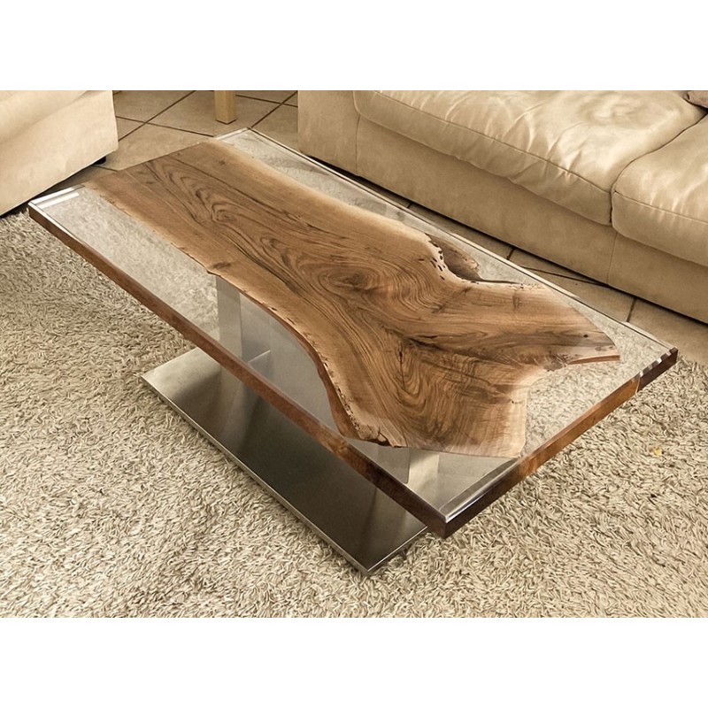 Table plateau en noyer massif epoxy  transparent pied acier chromé - Création artisanale en Rance- Modèle unique