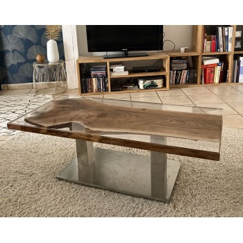 Table plateau en noyer massif epoxy  transparent pied acier chromé - Création artisanale en Rance- Modèle unique