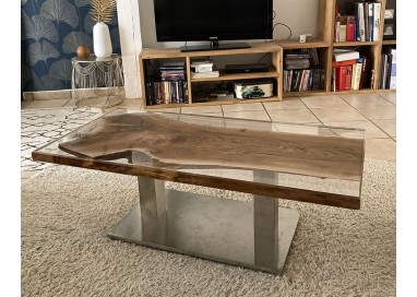 Table plateau en noyer massif epoxy  transparent pied acier chromé - Création artisanale en Rance- Modèle unique