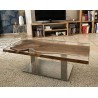 Table plateau en noyer massif epoxy  transparent pied acier chromé - Création artisanale en Rance- Modèle unique