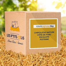 Colis de 5kg -  Composition du colis : Chipolatas nature, Côte de porc, Escalope, Lardons
